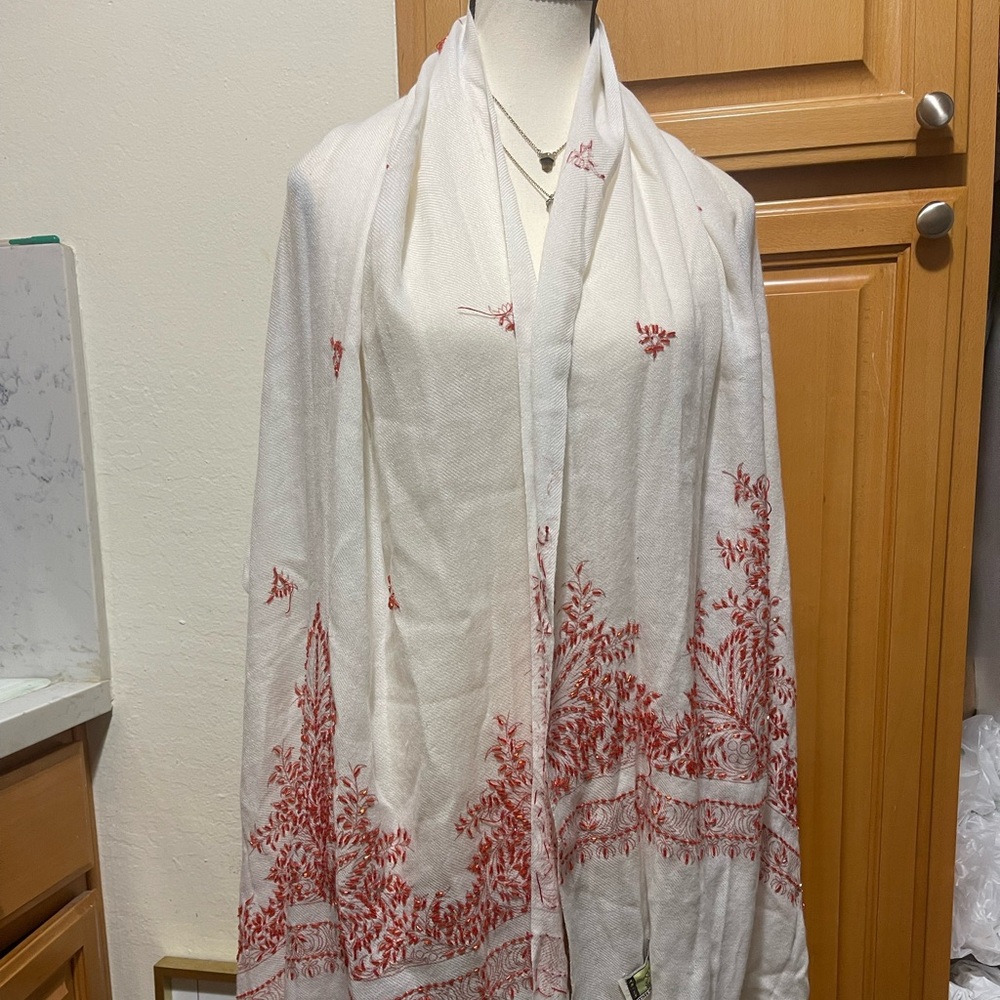 Long White Scarf with Red Handsewn beads!!!